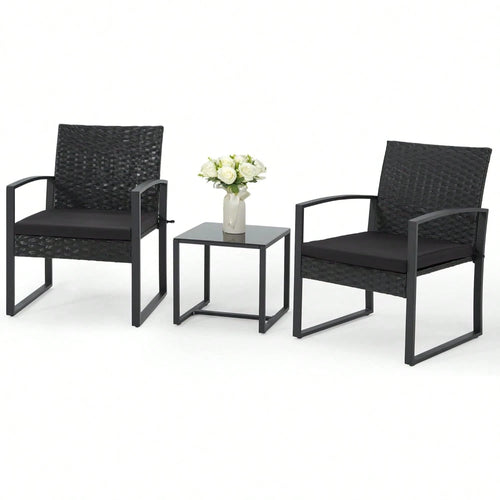3-Piece Patio Furniture Set, Wicker Bistro Set, Black| 2 Straight Arm Chairs With Glass Coffee Table, Patio Conversation Set For Backyard, Porches, Poolside, Lawn And Balcony,Patio Furniture Set,Outd