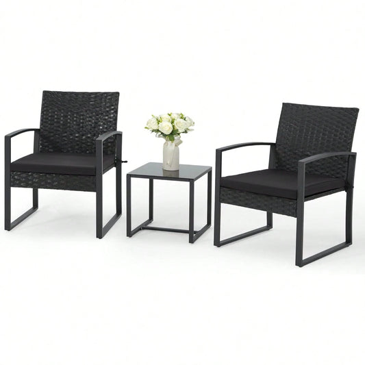 3-Piece Patio Furniture Set, Wicker Bistro Set, Black| 2 Straight Arm Chairs With Glass Coffee Table, Patio Conversation Set For Backyard, Porches, Poolside, Lawn And Balcony,Patio Furniture Set,Outd