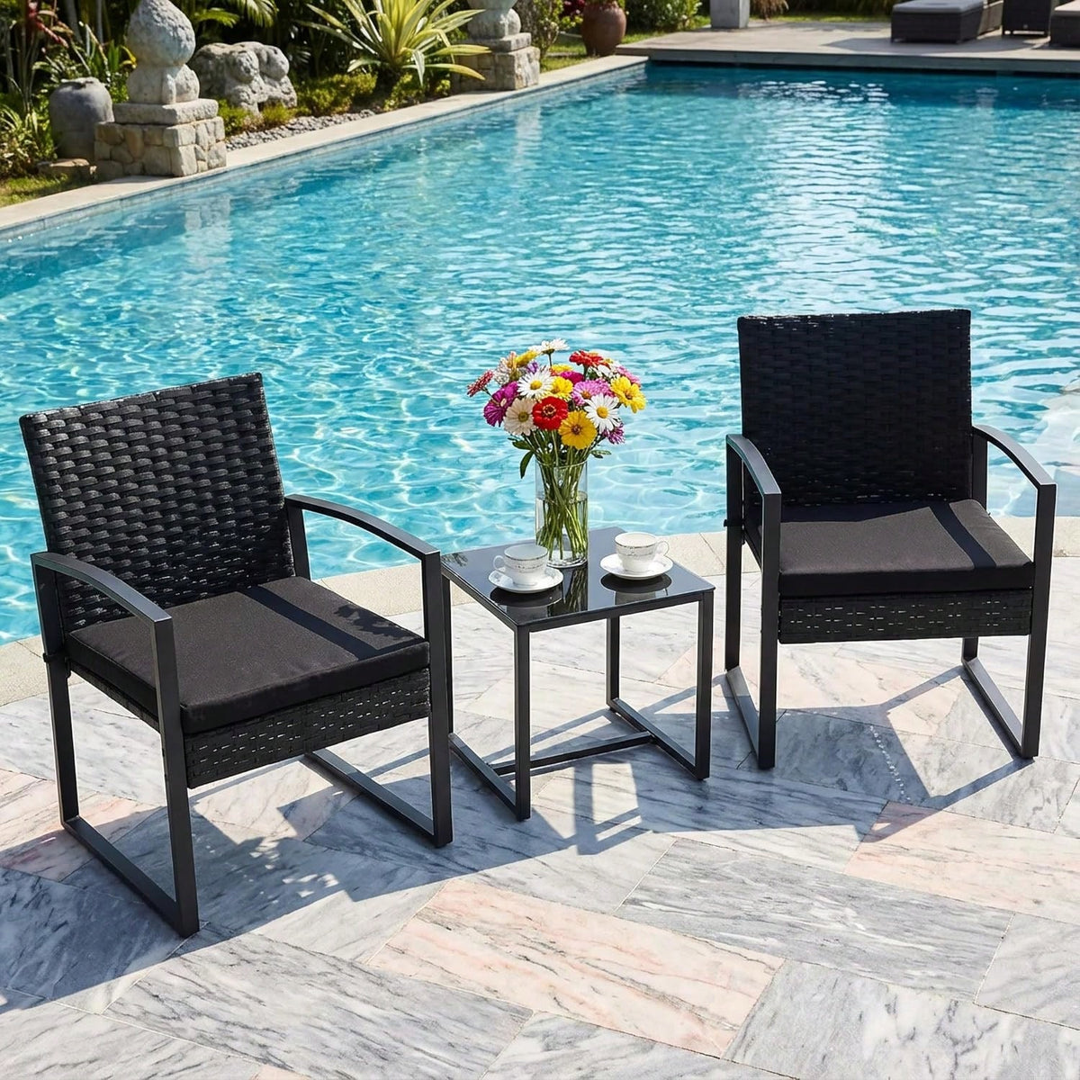 3-Piece Patio Furniture Set, Wicker Bistro Set, Black| 2 Straight Arm Chairs With Glass Coffee Table, Patio Conversation Set For Backyard, Porches, Poolside, Lawn And Balcony,Patio Furniture Set,Outd