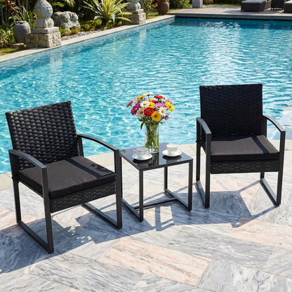 3-Piece Patio Furniture Set, Wicker Bistro Set, Black| 2 Straight Arm Chairs With Glass Coffee Table, Patio Conversation Set For Backyard, Porches, Poolside, Lawn And Balcony,Patio Furniture Set,Outd