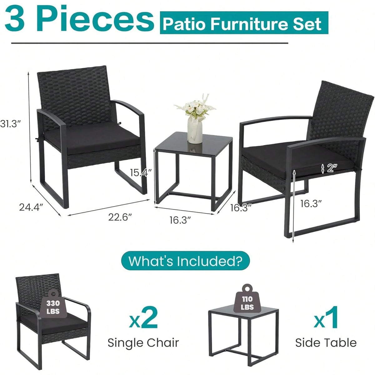 3-Piece Patio Furniture Set, Wicker Bistro Set, Black| 2 Straight Arm Chairs With Glass Coffee Table, Patio Conversation Set For Backyard, Porches, Poolside, Lawn And Balcony,Patio Furniture Set,Outd