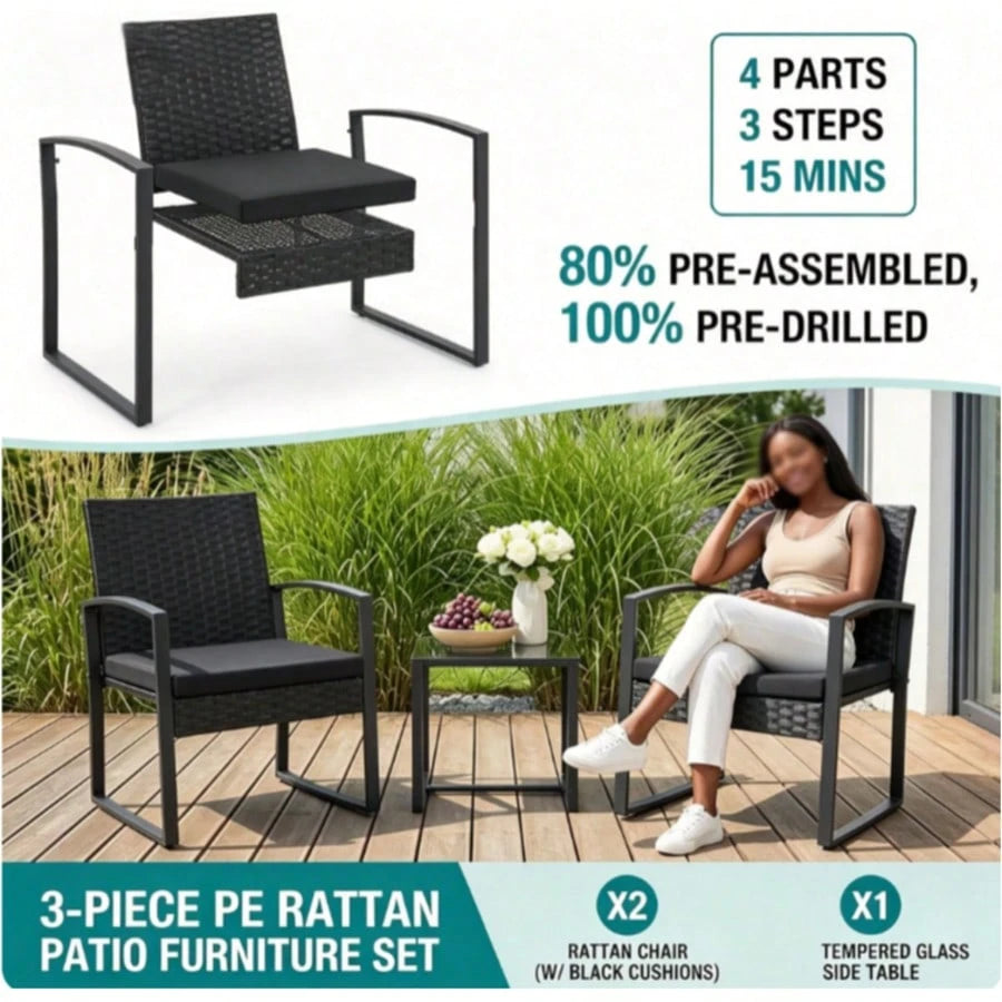 3-Piece Patio Furniture Set, Wicker Bistro Set, Black| 2 Straight Arm Chairs With Glass Coffee Table, Patio Conversation Set For Backyard, Porches, Poolside, Lawn And Balcony,Patio Furniture Set,Outd