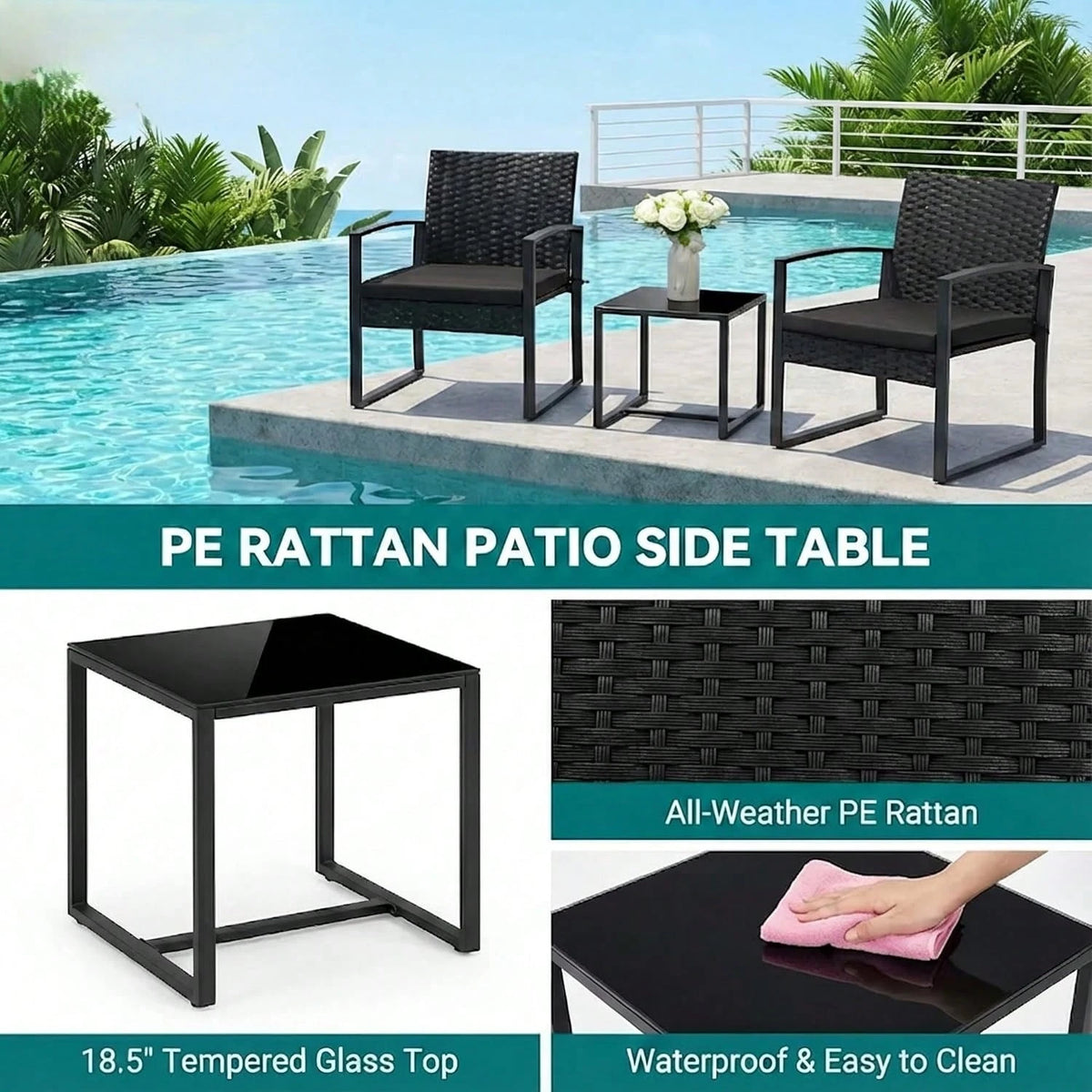 3-Piece Patio Furniture Set, Wicker Bistro Set, Black| 2 Straight Arm Chairs With Glass Coffee Table, Patio Conversation Set For Backyard, Porches, Poolside, Lawn And Balcony,Patio Furniture Set,Outd