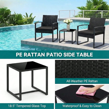 3-Piece Patio Furniture Set, Wicker Bistro Set, Black| 2 Straight Arm Chairs With Glass Coffee Table, Patio Conversation Set For Backyard, Porches, Poolside, Lawn And Balcony,Patio Furniture Set,Outd