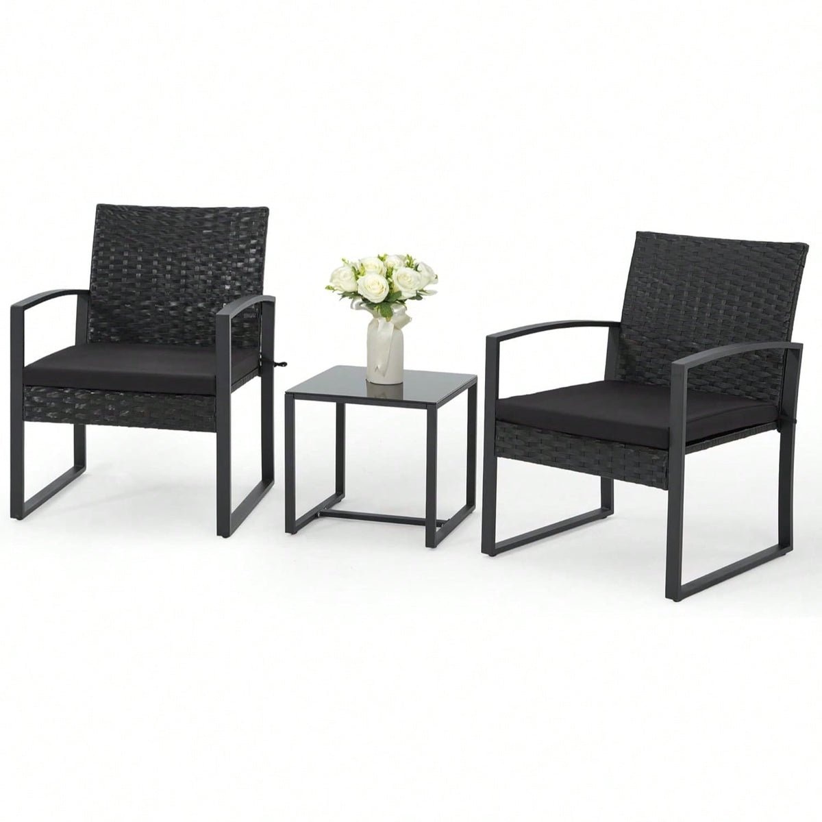 3-Piece Patio Furniture Set, Wicker Bistro Set, Black| 2 Straight Arm Chairs With Glass Coffee Table, Patio Conversation Set For Backyard, Porches, Poolside, Lawn And Balcony,Patio Furniture Set,Outd