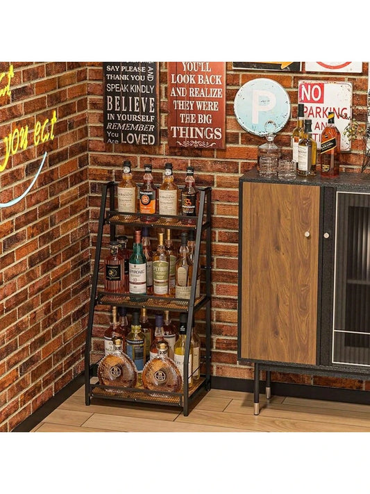 3-Tier Trapezoid Liquor Stand For Home Bar, Stepped Wine Rack Freestanding Floor For Liquor Whiskey Wine, Versatile Corner Wine Bottle Display Stand With Fences, Vintage Brown(Patent Pending)