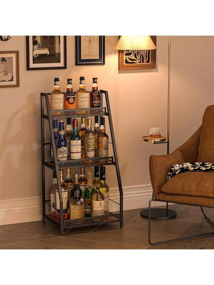 3-Tier Trapezoid Liquor Stand For Home Bar, Stepped Wine Rack Freestanding Floor For Liquor Whiskey Wine, Versatile Corner Wine Bottle Display Stand With Fences, Vintage Brown(Patent Pending)