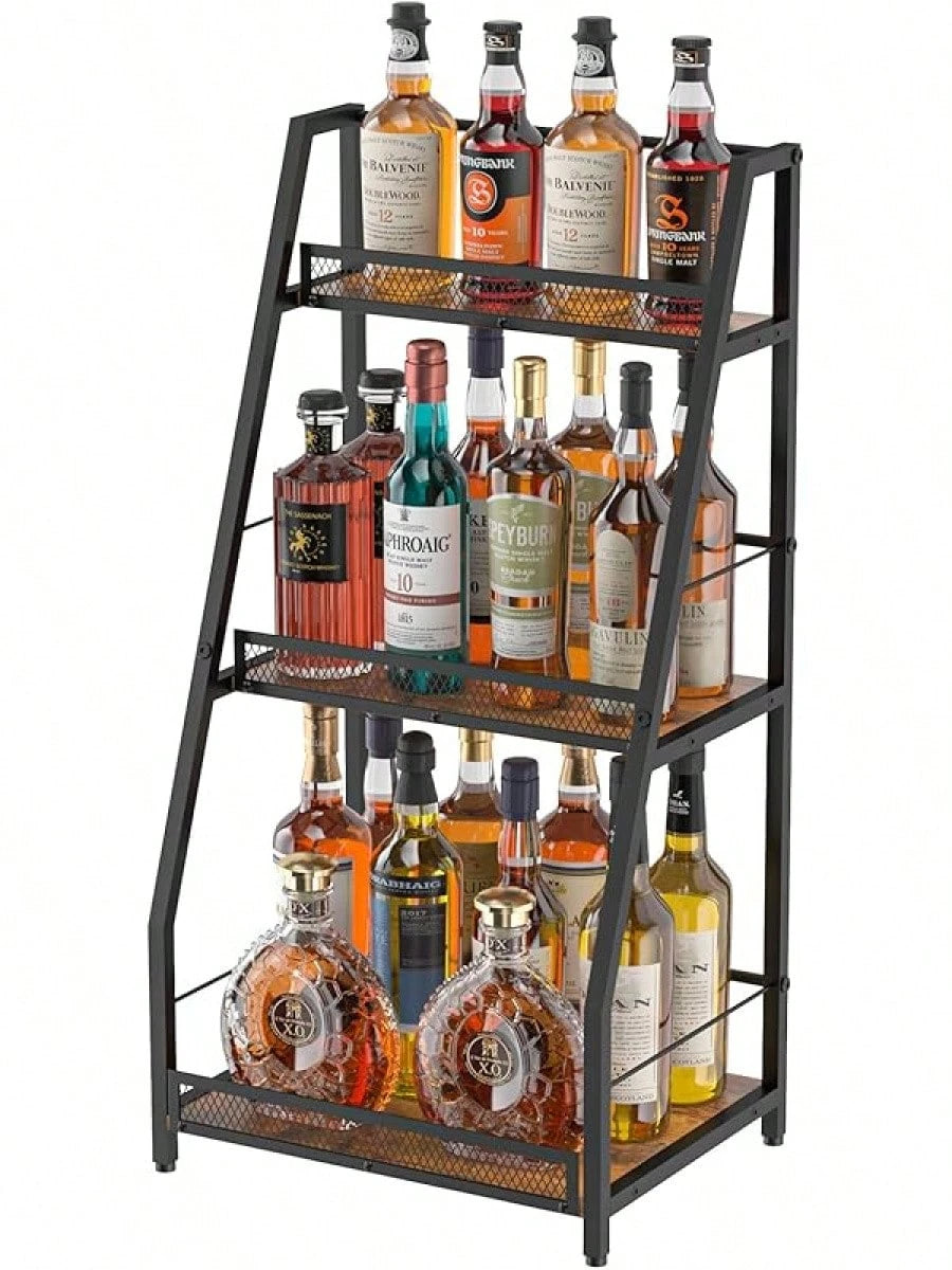 3-Tier Trapezoid Liquor Stand For Home Bar, Stepped Wine Rack Freestanding Floor For Liquor Whiskey Wine, Versatile Corner Wine Bottle Display Stand With Fences, Vintage Brown(Patent Pending)