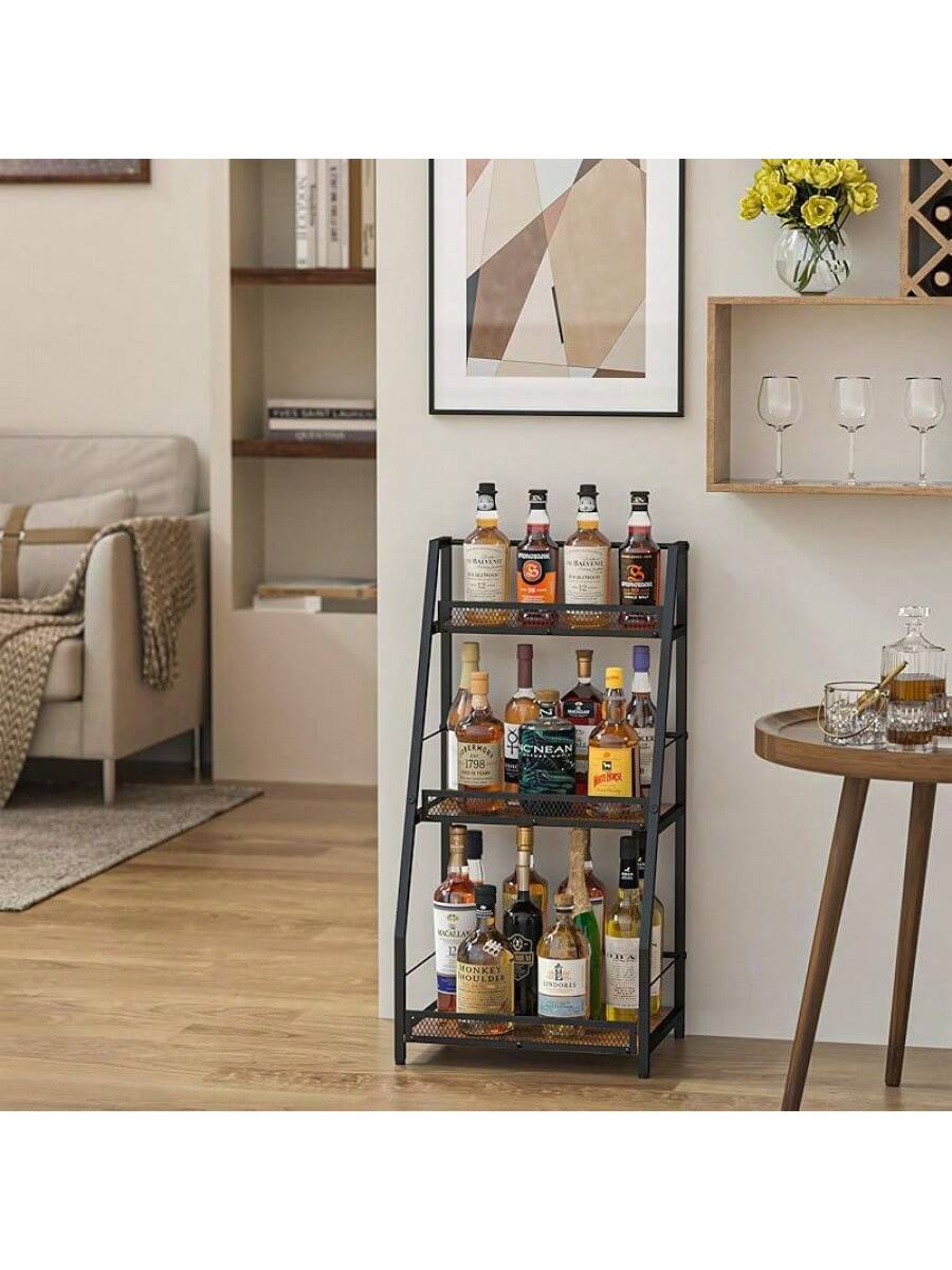 3-Tier Trapezoid Liquor Stand For Home Bar, Stepped Wine Rack Freestanding Floor For Liquor Whiskey Wine, Versatile Corner Wine Bottle Display Stand With Fences, Vintage Brown(Patent Pending)