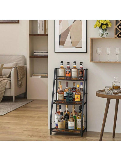 3-Tier Trapezoid Liquor Stand For Home Bar, Stepped Wine Rack Freestanding Floor For Liquor Whiskey Wine, Versatile Corner Wine Bottle Display Stand With Fences, Vintage Brown(Patent Pending)