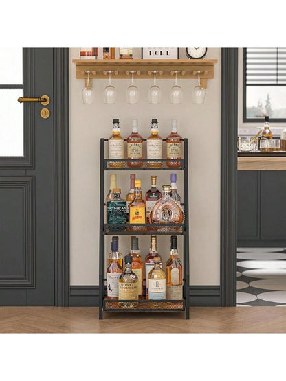 3-Tier Trapezoid Liquor Stand For Home Bar, Stepped Wine Rack Freestanding Floor For Liquor Whiskey Wine, Versatile Corner Wine Bottle Display Stand With Fences, Vintage Brown(Patent Pending)