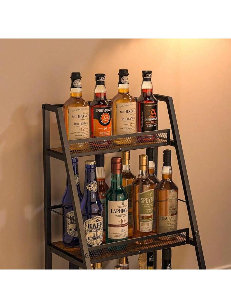 3-Tier Trapezoid Liquor Stand For Home Bar, Stepped Wine Rack Freestanding Floor For Liquor Whiskey Wine, Versatile Corner Wine Bottle Display Stand With Fences, Vintage Brown(Patent Pending)
