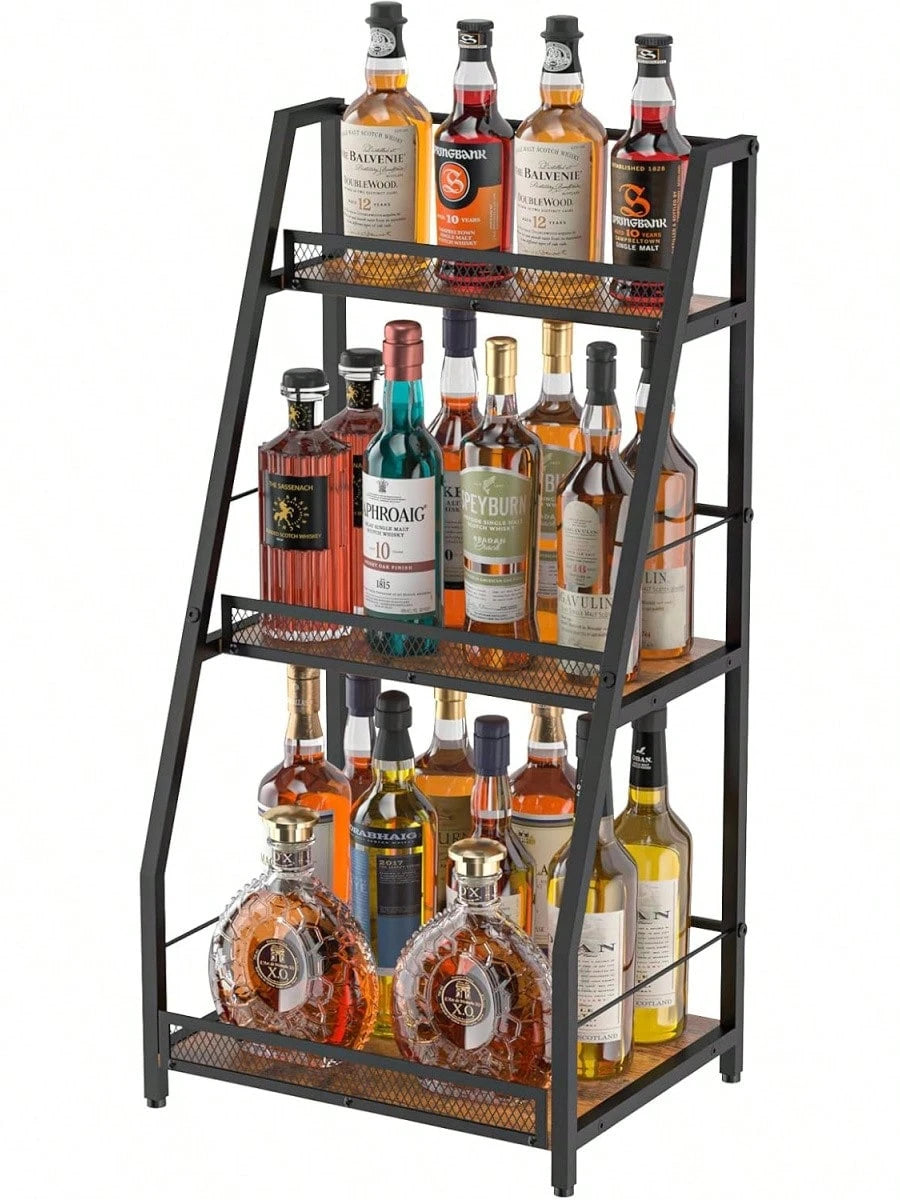 3-Tier Trapezoid Liquor Stand For Home Bar, Stepped Wine Rack Freestanding Floor For Liquor Whiskey Wine, Versatile Corner Wine Bottle Display Stand With Fences, Vintage Brown(Patent Pending)