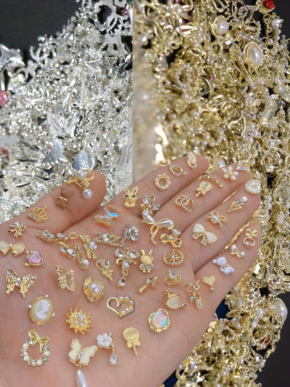 30/50pcs Set 3D Luxury Gold & Silver Flower, Butterfly Nail Art Decorations (Random), Alloy Material Includes Rhinestones, Pearls, Hearts, Bows, Y2K Metallic Nail Accessories, Goth Punk Style, Shiny W