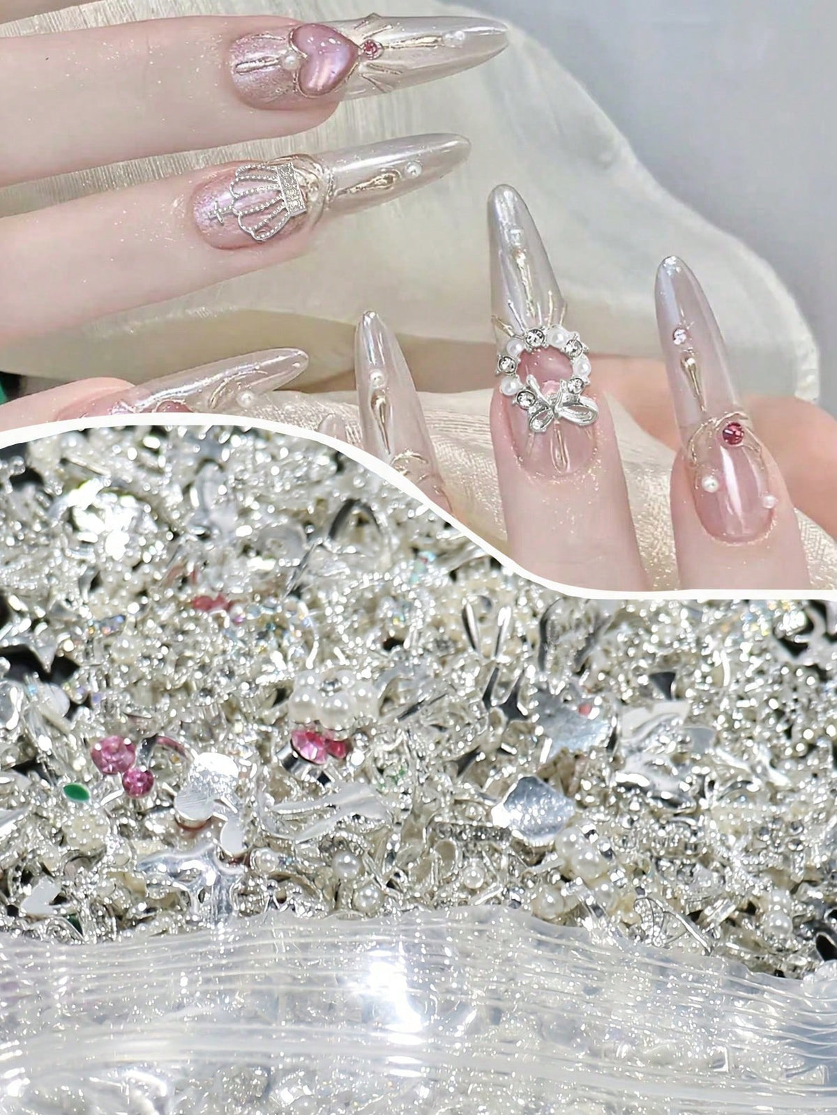 30/50pcs Set 3D Luxury Gold & Silver Flower, Butterfly Nail Art Decorations (Random), Alloy Material Includes Rhinestones, Pearls, Hearts, Bows, Y2K Metallic Nail Accessories, Goth Punk Style, Shiny W