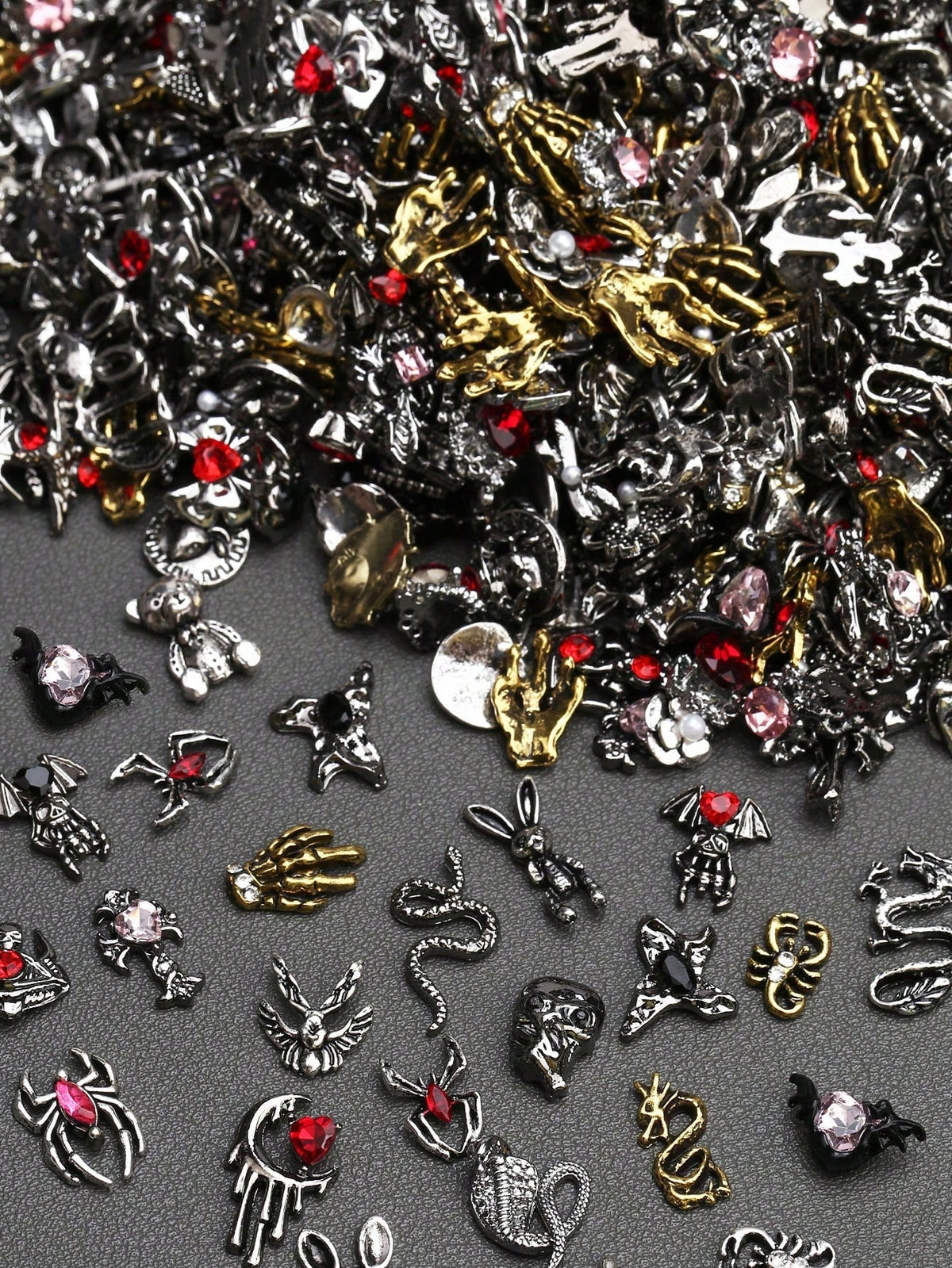 30/50pcs Set 3D Luxury Gold & Silver Flower, Butterfly Nail Art Decorations (Random), Alloy Material Includes Rhinestones, Pearls, Hearts, Bows, Y2K Metallic Nail Accessories, Goth Punk Style, Shiny W