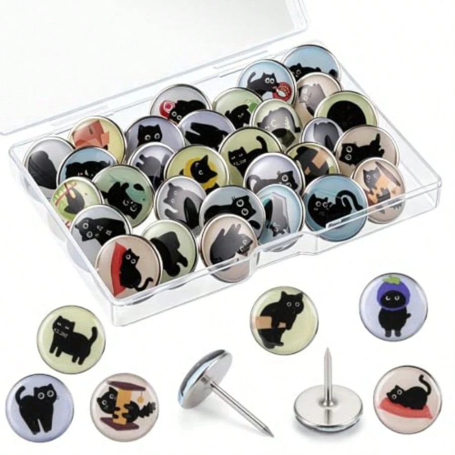 30 Pcs Cute Push Pins For Bulletin Board, Black Cat Thumb Tacks Decorative Push Pins For Classroom, Black Cat Lover Gifts, Wall Desk Accessories, Office Cork Board