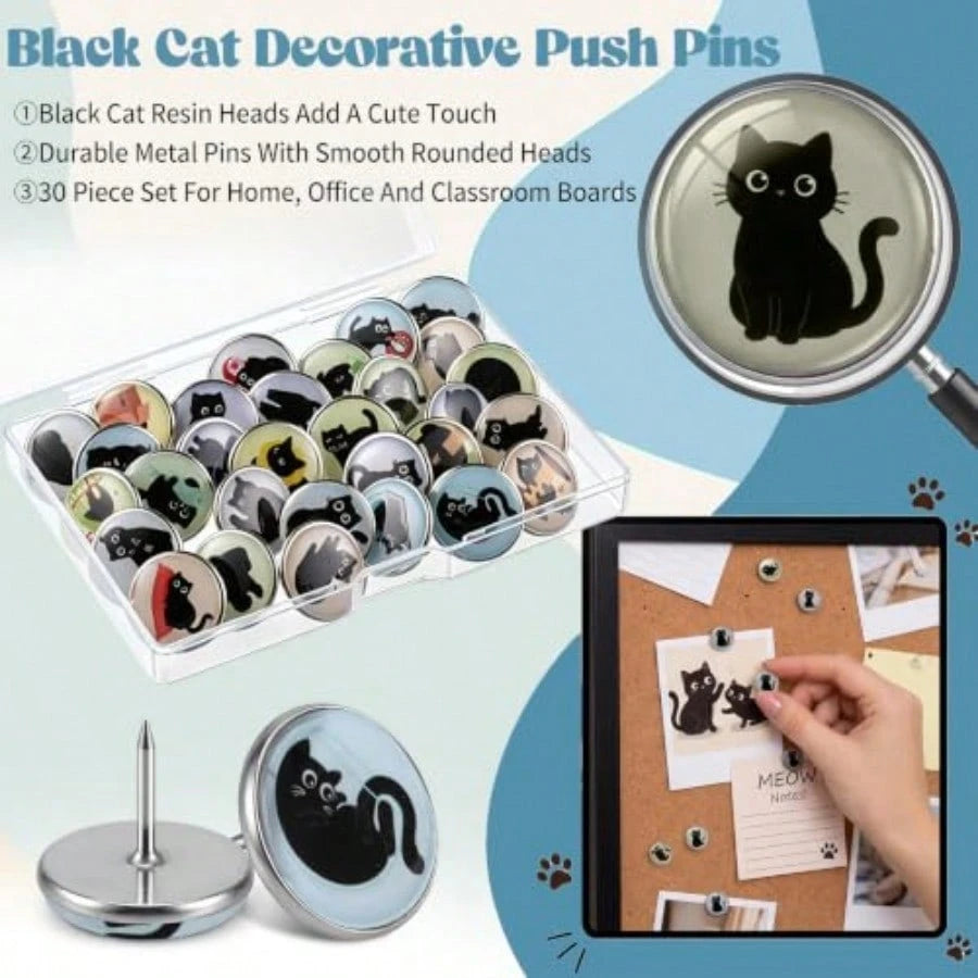 30 Pcs Cute Push Pins For Bulletin Board, Black Cat Thumb Tacks Decorative Push Pins For Classroom, Black Cat Lover Gifts, Wall Desk Accessories, Office Cork Board