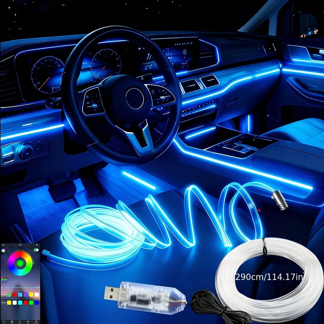 300cm/118.11 Inches Car Atmosphere Light, Multiple Colors, USB Plug-In Atmosphere Light Strip, Mobile Phone APP Music Rhythm Control LED Light, Car High Brightness Neon Light Set