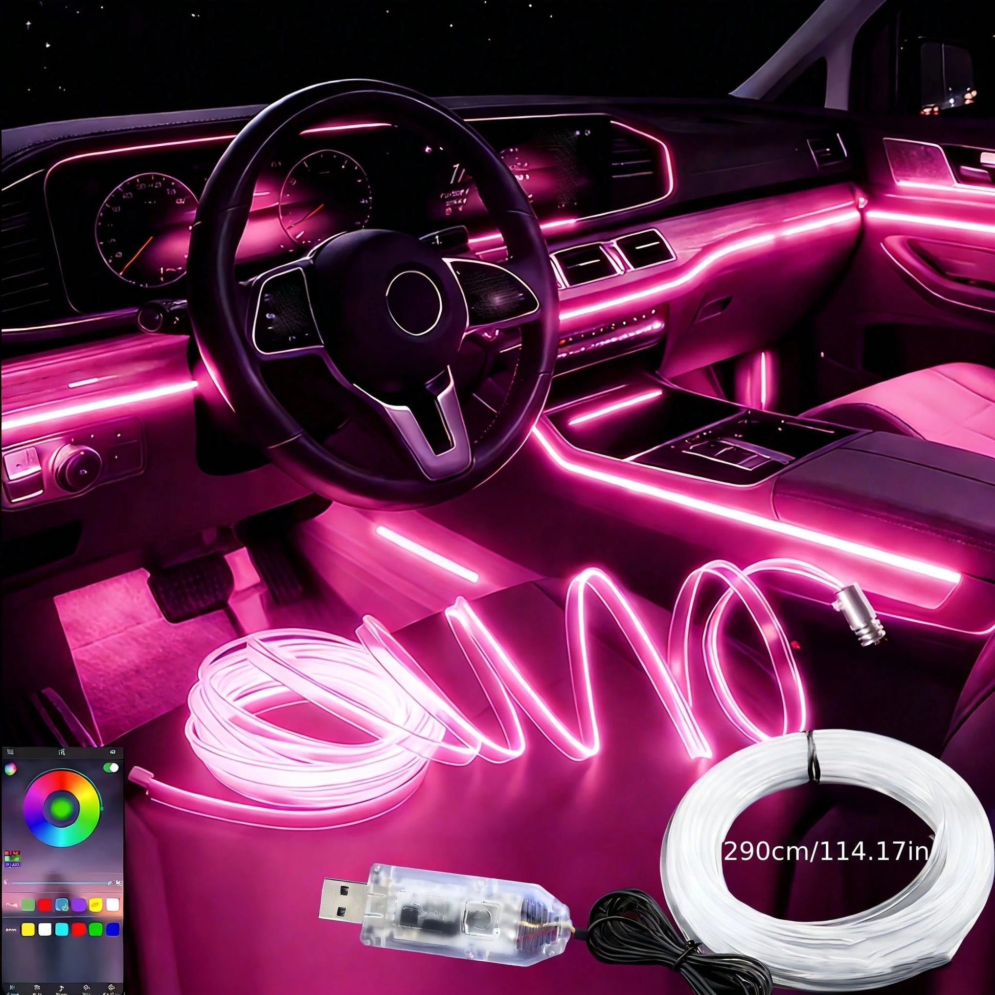 300cm/118.11 Inches Car Atmosphere Light, Multiple Colors, USB Plug-In Atmosphere Light Strip, Mobile Phone APP Music Rhythm Control LED Light, Car High Brightness Neon Light Set