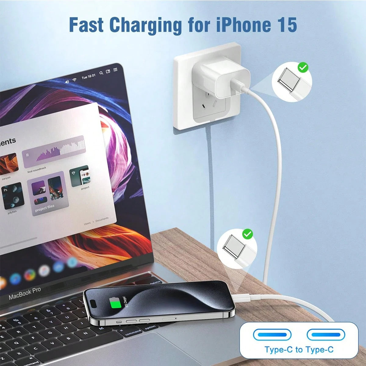 30W USB-C Fast Charging Adapter With 3.3FT/100cm Long Charging Cable Data Line USB-C To Type-C Charging Set, Compatible With IPhone 17 16 15 Pro Max Plus,// Charging Set