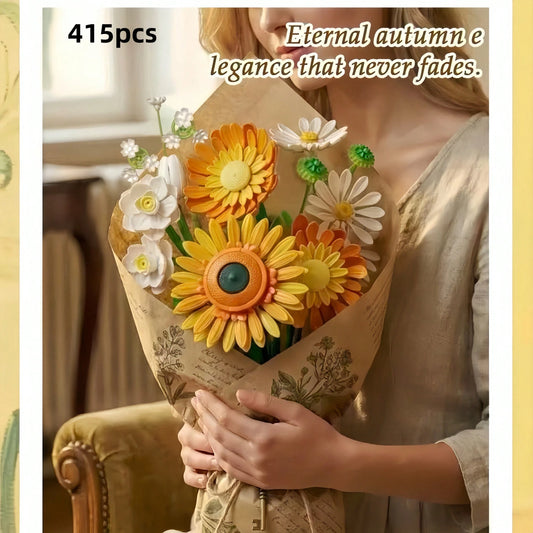 310pcs Sunflower & Daisy Mixed Color Flower Building Blocks Bouquet, DIY Eternal Artificial Flower Brick Set, Home Desktop Decoration Romantic Assembly Gift For Women