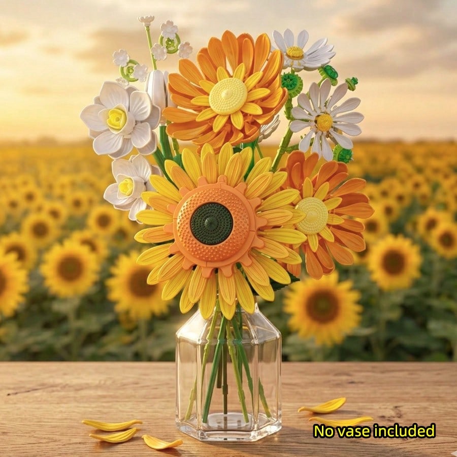 310pcs Sunflower & Daisy Mixed Color Flower Building Blocks Bouquet, DIY Eternal Artificial Flower Brick Set, Home Desktop Decoration Romantic Assembly Gift For Women