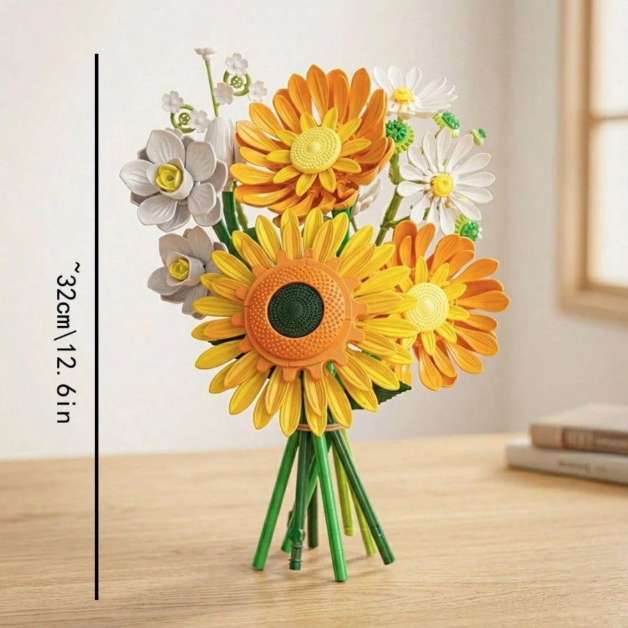 310pcs Sunflower & Daisy Mixed Color Flower Building Blocks Bouquet, DIY Eternal Artificial Flower Brick Set, Home Desktop Decoration Romantic Assembly Gift For Women
