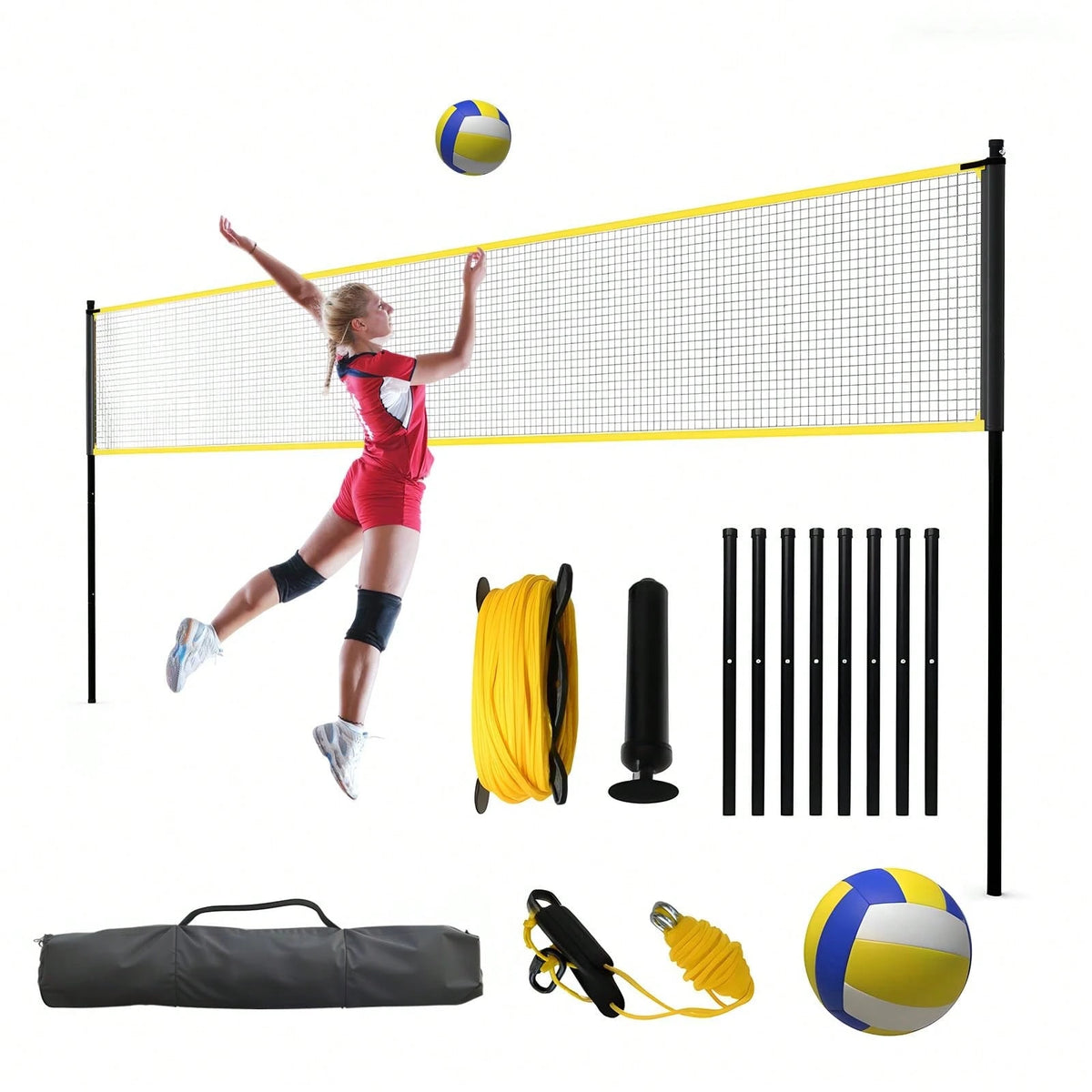 32 FT Volleyball Practice Net With Ball Return- Adjustable Height Training Net For Serving & Spiking, Portable Set With Carry Bag For Backyard & Beach