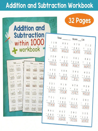 32 Pages Addition And Subtraction Math Learning Workbook Under 1000, Math Practice Sheets, Learning Activity Worksheets, Early Education Math Enlightenment, School Learning And Education Writing Suppo