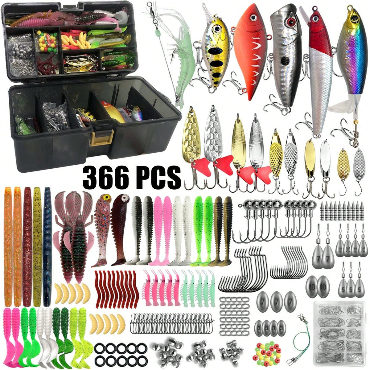 369/366/140/137pcs Fishing Tackle Set, Includes Fishing Lures And Tools, With Clips, Pliers, Sinkers, Fishing Line, Gloves, Storage Box, Suitable For Saltwater And Freshwater