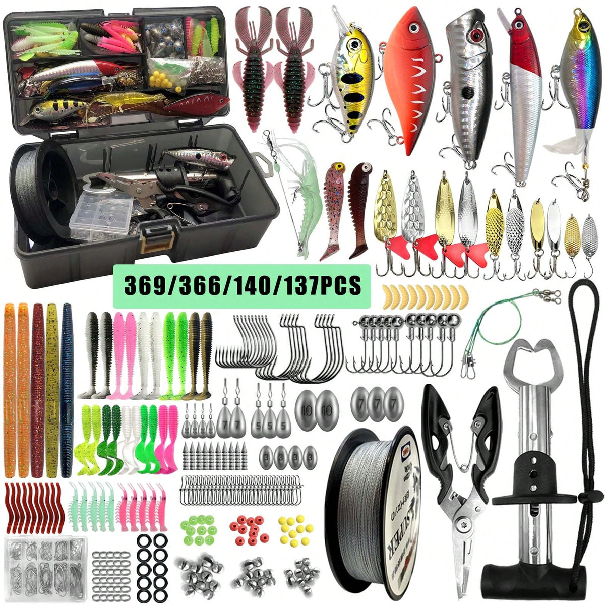 369/366/140/137pcs Fishing Tackle Set, Includes Fishing Lures And Tools, With Clips, Pliers, Sinkers, Fishing Line, Gloves, Storage Box, Suitable For Saltwater And Freshwater