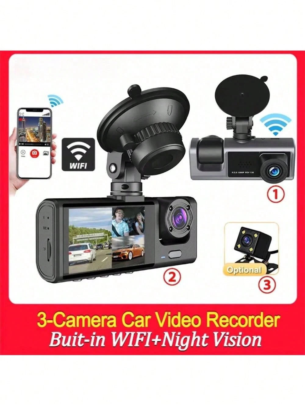 3Channel Dash Cam For Car WIFI APP Video Recorder 1080P Dashcam Car DVR Front And Rear View Camera Night Vision Car Accessory