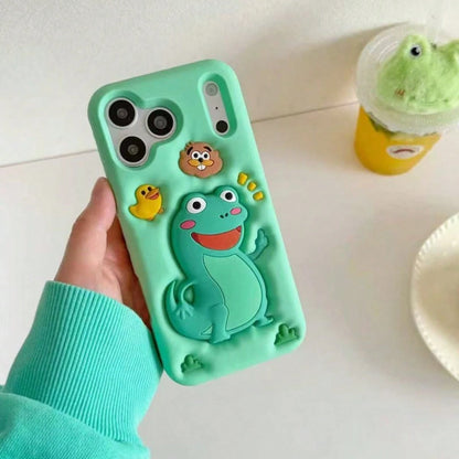 3D Cute Green Cartoon Frog Phone Case, Full Coverage Shockproof Silicone Protective Cover For IPhone 17 Pro Max, 16, 15, 14, 13