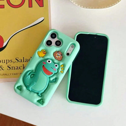 3D Cute Green Cartoon Frog Phone Case, Full Coverage Shockproof Silicone Protective Cover For IPhone 17 Pro Max, 16, 15, 14, 13