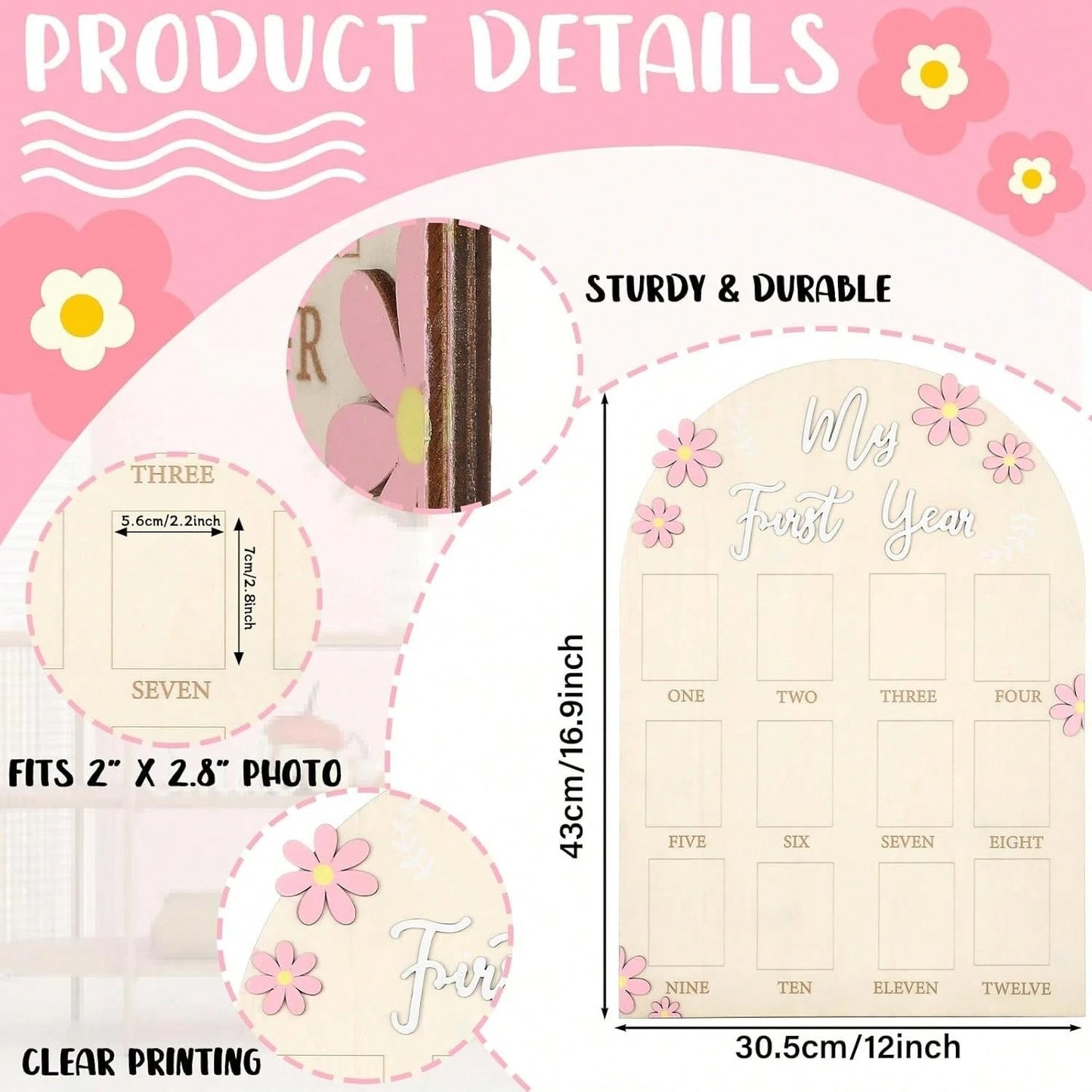 3D Daisy Baby Growth Milestone Board, 1-12 Months Baby Anniversary Keepsake, Baby Girl Birthday Decoration Collectible Gift, Nursery Essential, Baby Birth Announcement