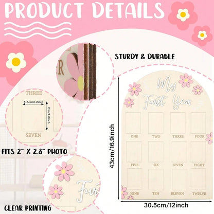 3D Daisy Baby Growth Milestone Board, 1-12 Months Baby Anniversary Keepsake, Baby Girl Birthday Decoration Collectible Gift, Nursery Essential, Baby Birth Announcement