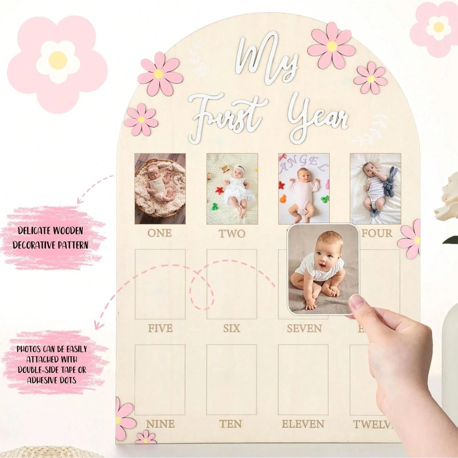 3D Daisy Baby Growth Milestone Board, 1-12 Months Baby Anniversary Keepsake, Baby Girl Birthday Decoration Collectible Gift, Nursery Essential, Baby Birth Announcement