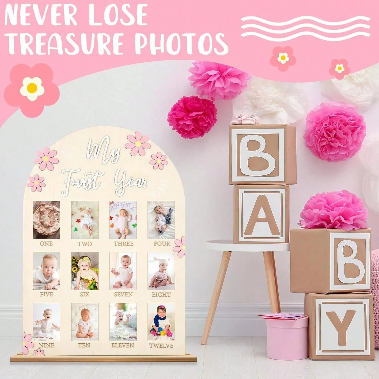 3D Daisy Baby Growth Milestone Board, 1-12 Months Baby Anniversary Keepsake, Baby Girl Birthday Decoration Collectible Gift, Nursery Essential, Baby Birth Announcement