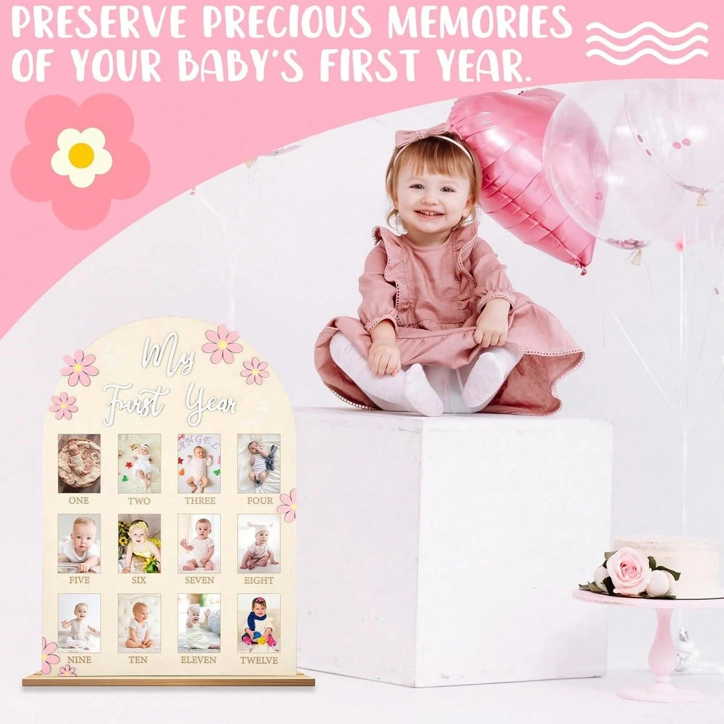 3D Daisy Baby Growth Milestone Board, 1-12 Months Baby Anniversary Keepsake, Baby Girl Birthday Decoration Collectible Gift, Nursery Essential, Baby Birth Announcement