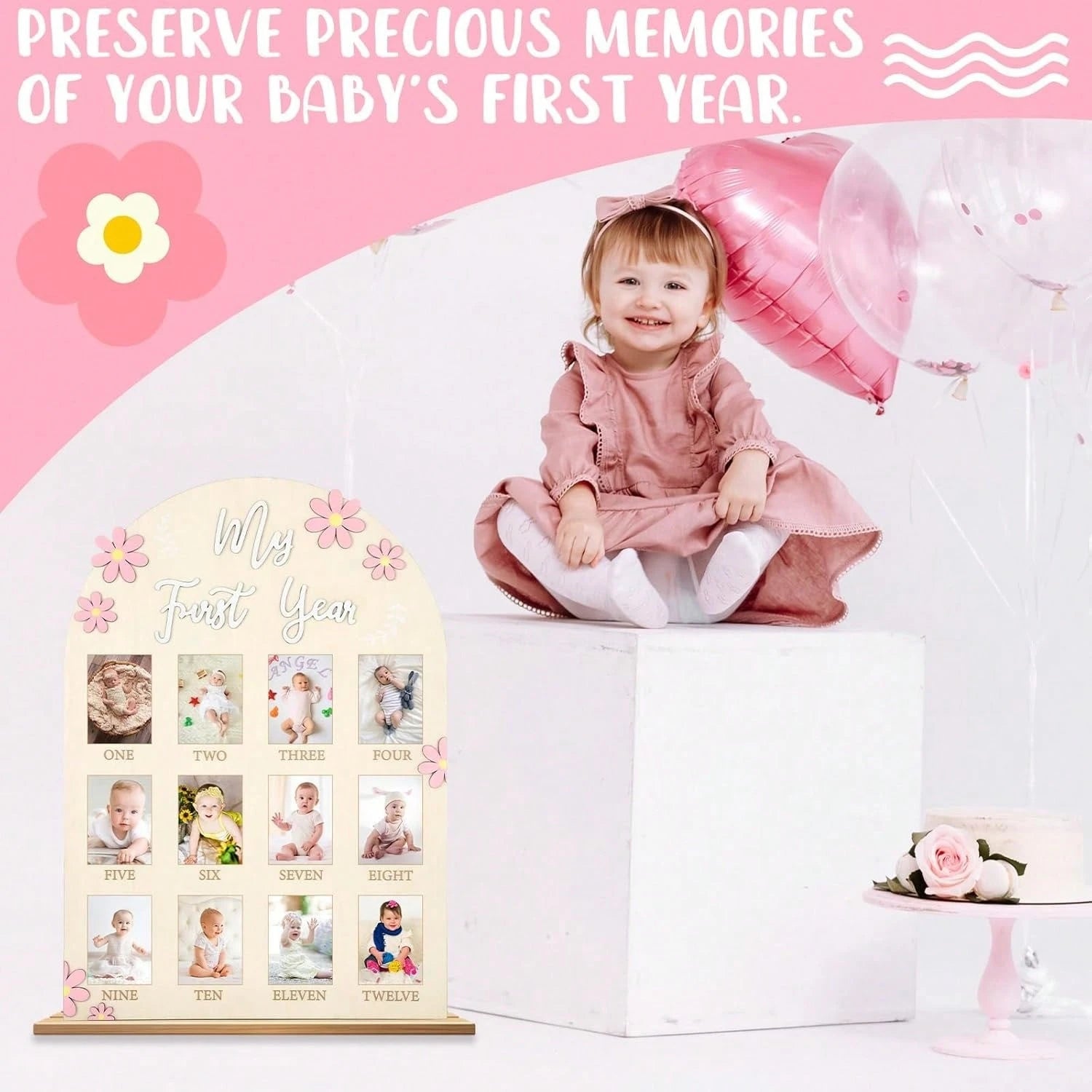 3D Daisy Baby Growth Milestone Board, 1-12 Months Baby Anniversary Keepsake, Baby Girl Birthday Decoration Collectible Gift, Nursery Essential, Baby Birth Announcement