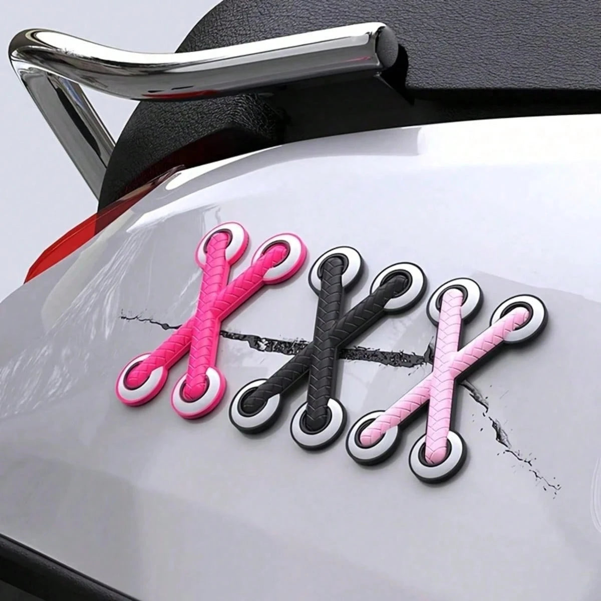 3D Shoelace Shaped Car Sticker- Creative Black Front Bumper Decal, Self-Adhesive Asymmetrical Sports Shape Suitable For Cars And Motorcycles, Exterior Accessory, Enhance Vehicle Appearance, Fun Decor