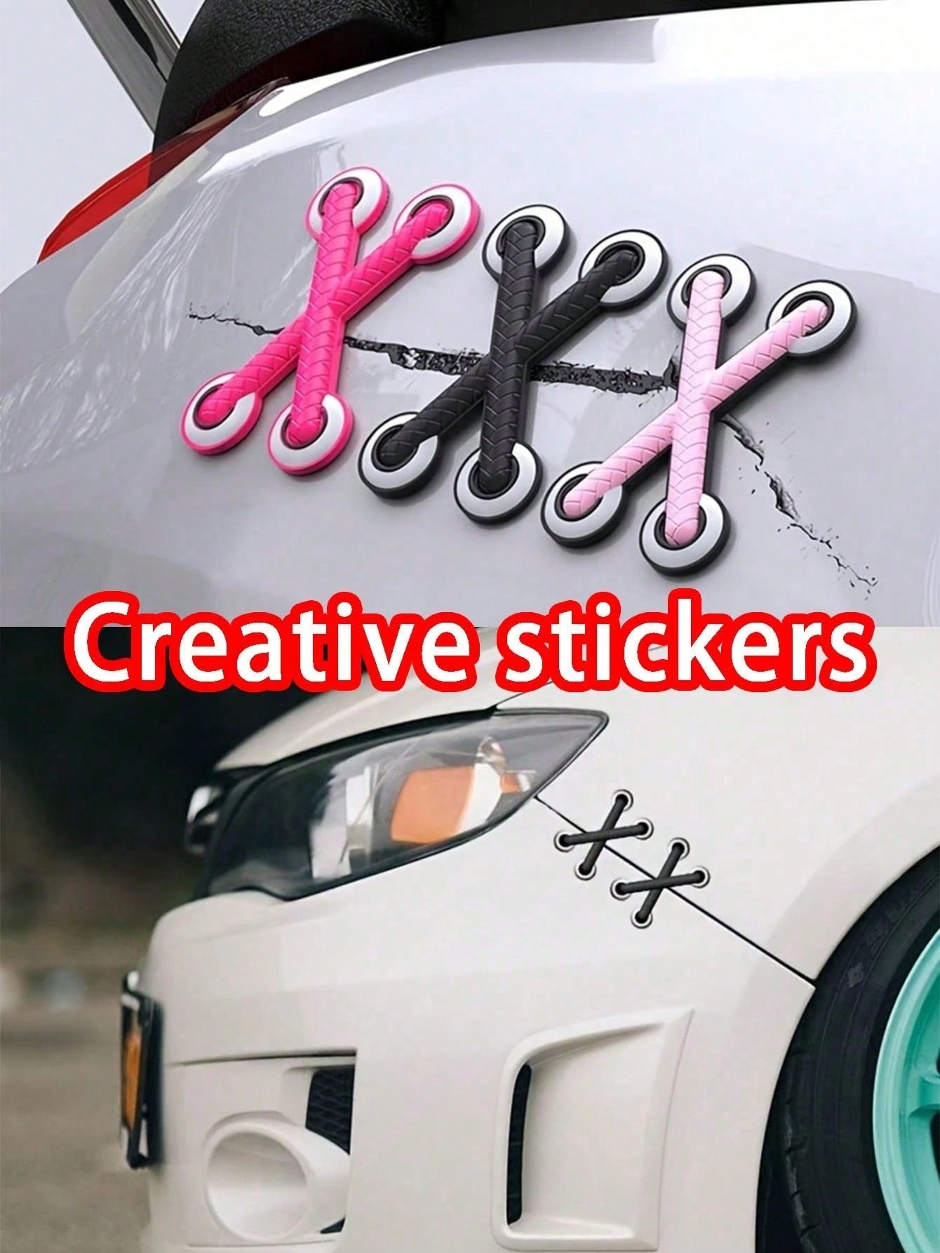 3D Shoelace Shaped Car Sticker- Creative Black Front Bumper Decal, Self-Adhesive Asymmetrical Sports Shape Suitable For Cars And Motorcycles, Exterior Accessory, Enhance Vehicle Appearance, Fun Decor