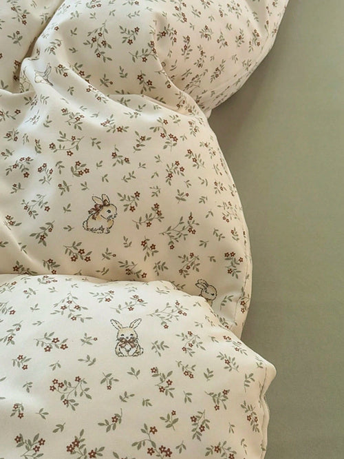 3pcs 100% Polyester Cute Floral & Rabbit Print Bedding Set, 2 Pillowcases + 1 Duvet Cover (No Bed Sheet)