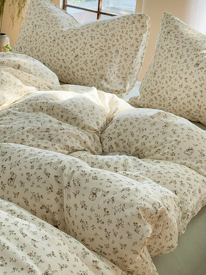 3pcs 100% Polyester Cute Floral & Rabbit Print Bedding Set, 2 Pillowcases + 1 Duvet Cover (No Bed Sheet)