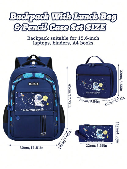 3PCS Astronaut Kids Backpack Lunch Box Bag Pencil Case, Lightweight Boy's Schoolbag, Back-To-School Essentials, Fit For 6-14 Years Old Students