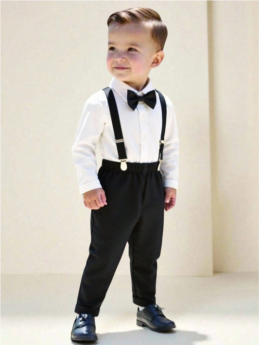 3pcs Baby Boy Formal Gentleman Outfit,White Collar Shirt,Bowknot,Suspender Pants&Hat,Black And White Winter Wedding Guest Set For 6 Months-3 Years Old