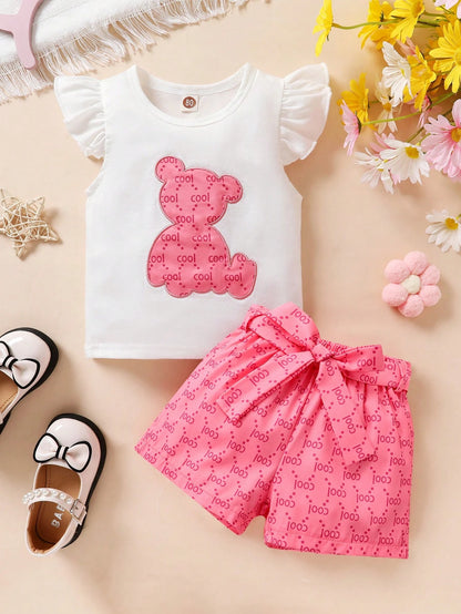 3pcs Baby Girl's Elegant Sweet Soft Comfortable Cartoon Bear Embroidered Top With Ruffle Hem, Letter Printed Sports Shorts And Belted, Suitable For Casual Daily Holiday Outfits