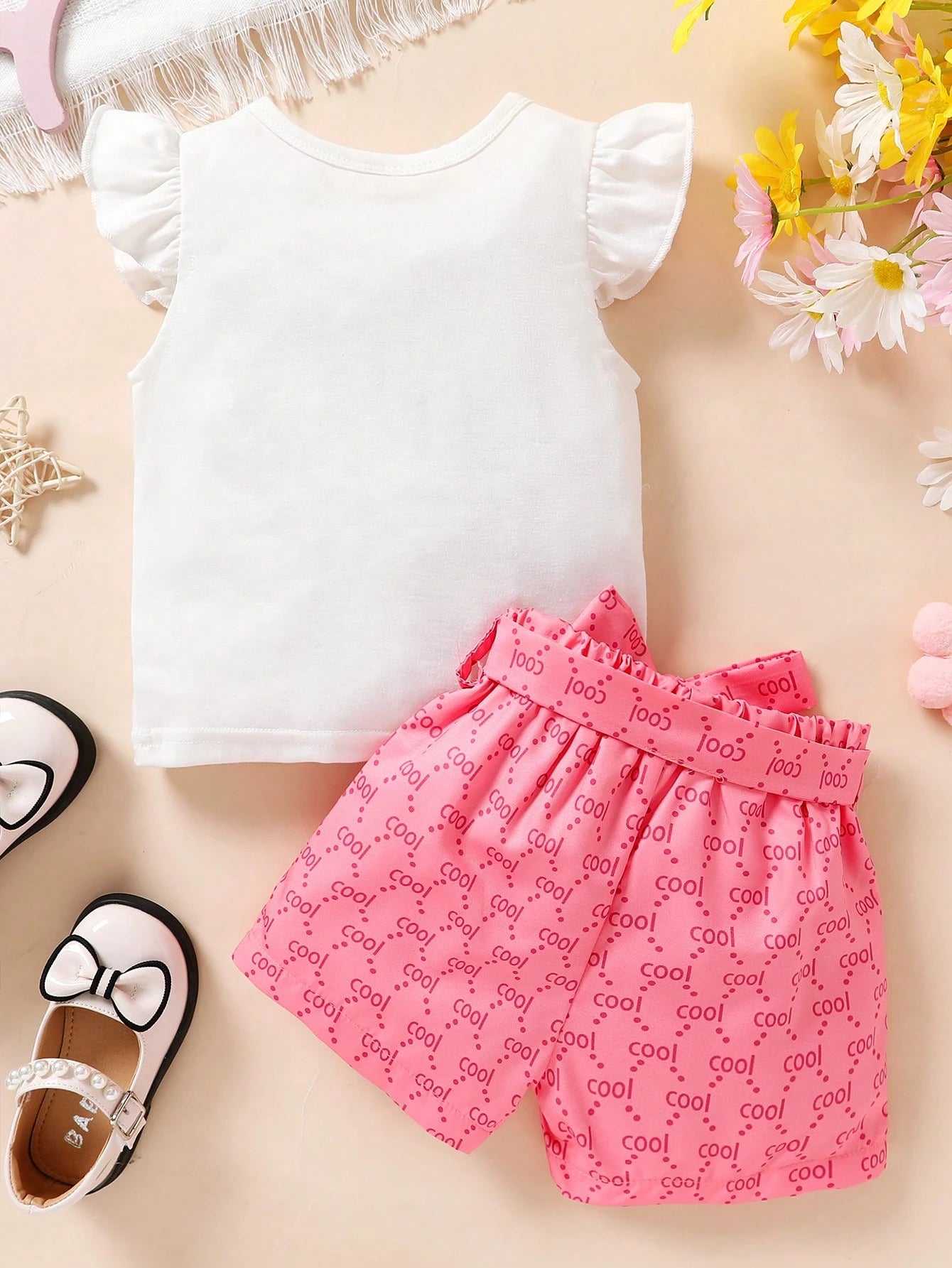3pcs Baby Girl's Elegant Sweet Soft Comfortable Cartoon Bear Embroidered Top With Ruffle Hem, Letter Printed Sports Shorts And Belted, Suitable For Casual Daily Holiday Outfits