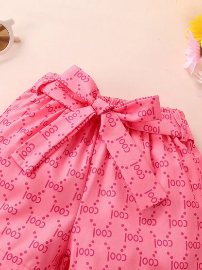 3pcs Baby Girl's Elegant Sweet Soft Comfortable Cartoon Bear Embroidered Top With Ruffle Hem, Letter Printed Sports Shorts And Belted, Suitable For Casual Daily Holiday Outfits